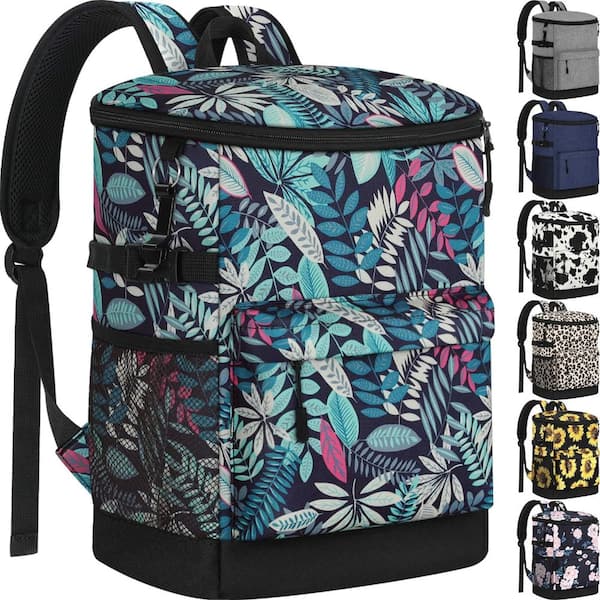 33-Can Insulated Cooler Backpack Leakproof Soft-Sided Picnic Lunch Bag, Blue Leaves