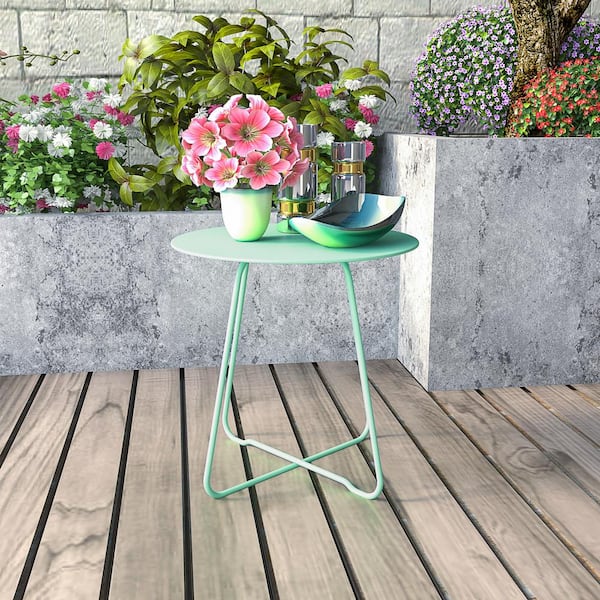 BANSA ROSE 17.75 in. Macaron Blue Round Patio Steel Patio Side Table, Weather-Resistant Outdoor Round End Table