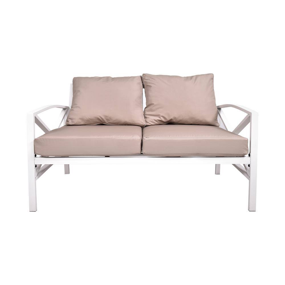White Steel Outdoor Double Sofa Chair With Beige Cushions