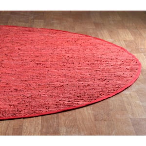 Red Leather 3 ft. x 3 ft. Round Area Rug