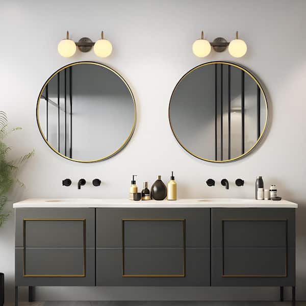 16.1 in. Modern Brushed Gunmetal Grey Bathroom Vanity Light 2-Light Brass Wall Sconce with Milky White Glass Globes