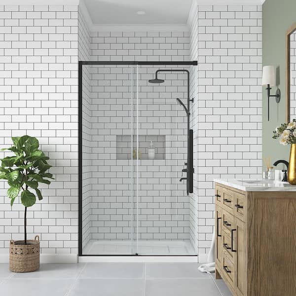 Glacier Bay Tidal 48 in. W x 78.74 in. H Sliding Semi Frameless Shower Door in Matte Black