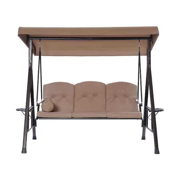 Willit 3-Person Metal Patio Swing with Brown Adjustable Canopy, Cup Holders, Cushions, Pillows