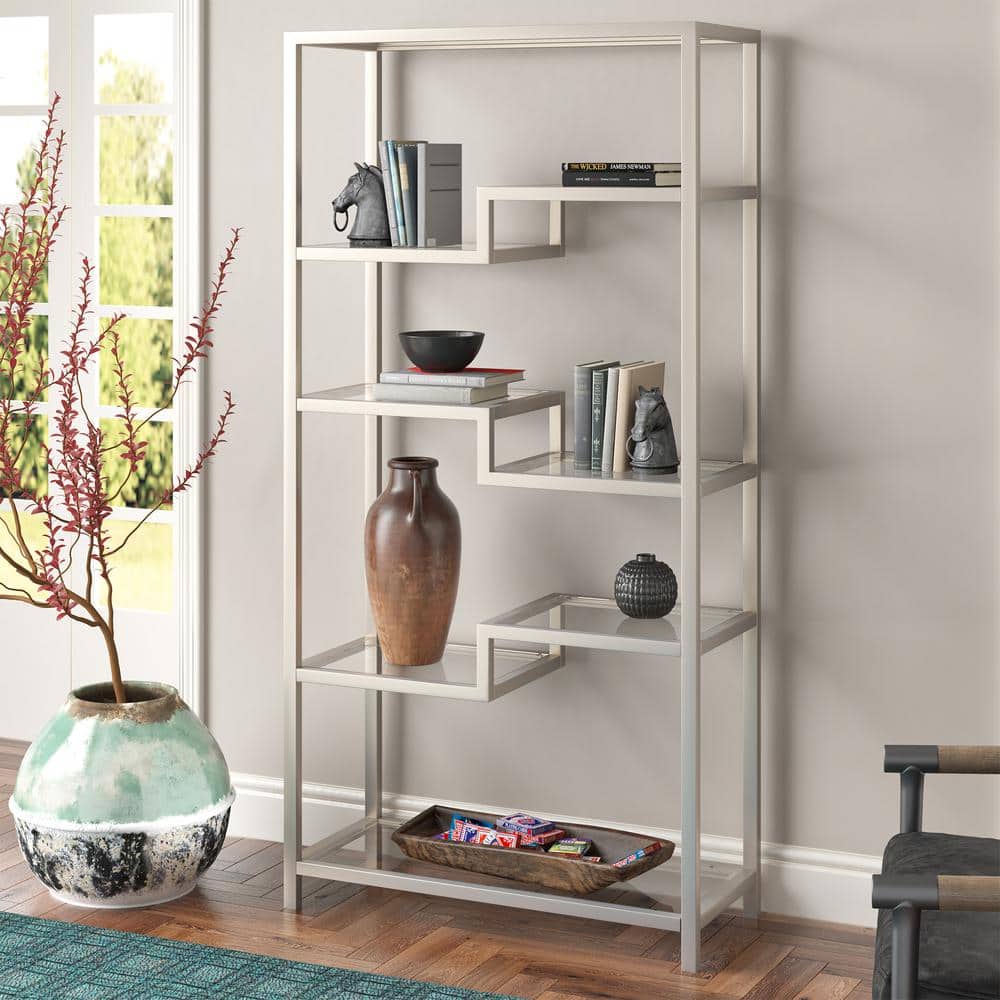 Johann Modern 68" Satin Nickel Metal and Tempered Glass Bookcase