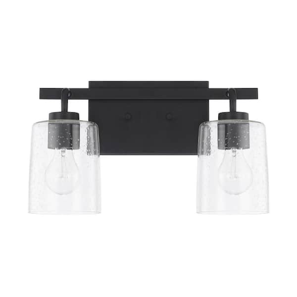 HOMEPLACE LIGHTING 14.5 in. W x 9 in. H x 6 in. E 2-Light Clear Seeded Glass Vanity Light in Matte Black