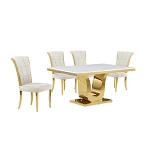 Ada 5-Piece Rectangle White Marble Top With Gold Stainless Steel Dining Set With 4 Cream Velvet Gold Chairs