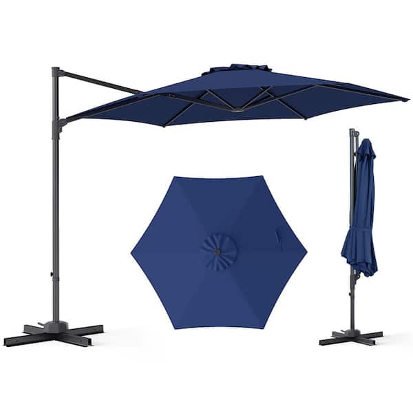 10 ft patio umbrella home depot Costway 10 ft. Patio Cantilever Umbrella with 360° Rotation, Air Vent,  Cross Base Included Navy Patio Umbrella in Blue HCST14032