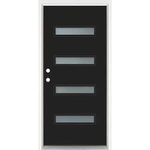 36 in. x 80 in. Right-Hand Inswing 4-Lite Frosted Glass Black Painted Fiberglass Prehung Front Door