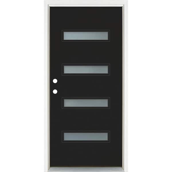 MP Doors 36 in. x 80 in. Right-Hand Inswing 4-Lite Frosted Glass Black Painted Fiberglass Prehung Front Door