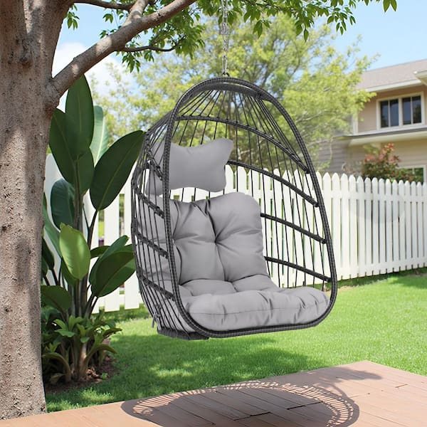 1-Person Gray PE Wicker Porch Swing Egg Chair with Light Gray Cushion