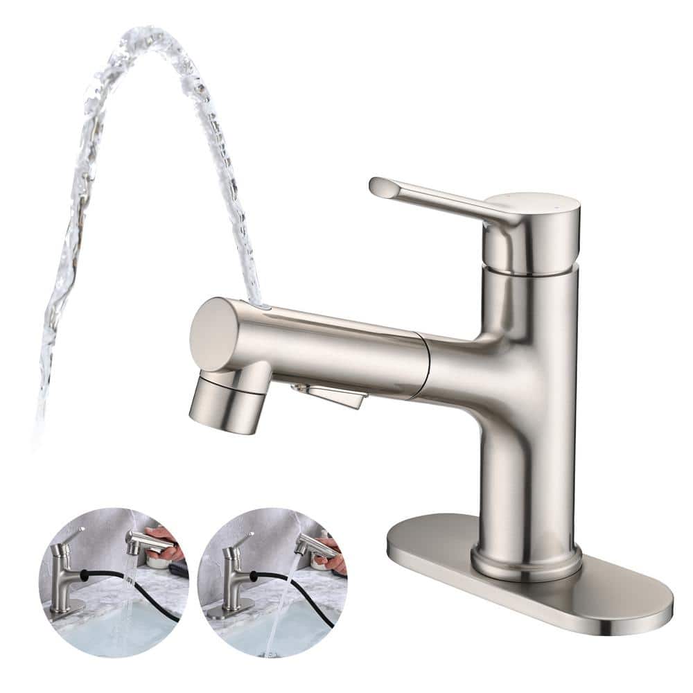 Brushed Nickel Single Handle Bathroom Faucet with Pull-Out Sprayer