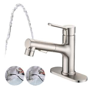 Single Handle 1 or 3-Hole Bathroom Faucet with Deckplate Included and Pull Out Sprayer in Brushed Nickel