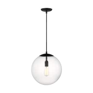 Leo Hanging Globe 14 in. 1-Light Midnight Black Pendant Light with Clear Seeded Glass Shade