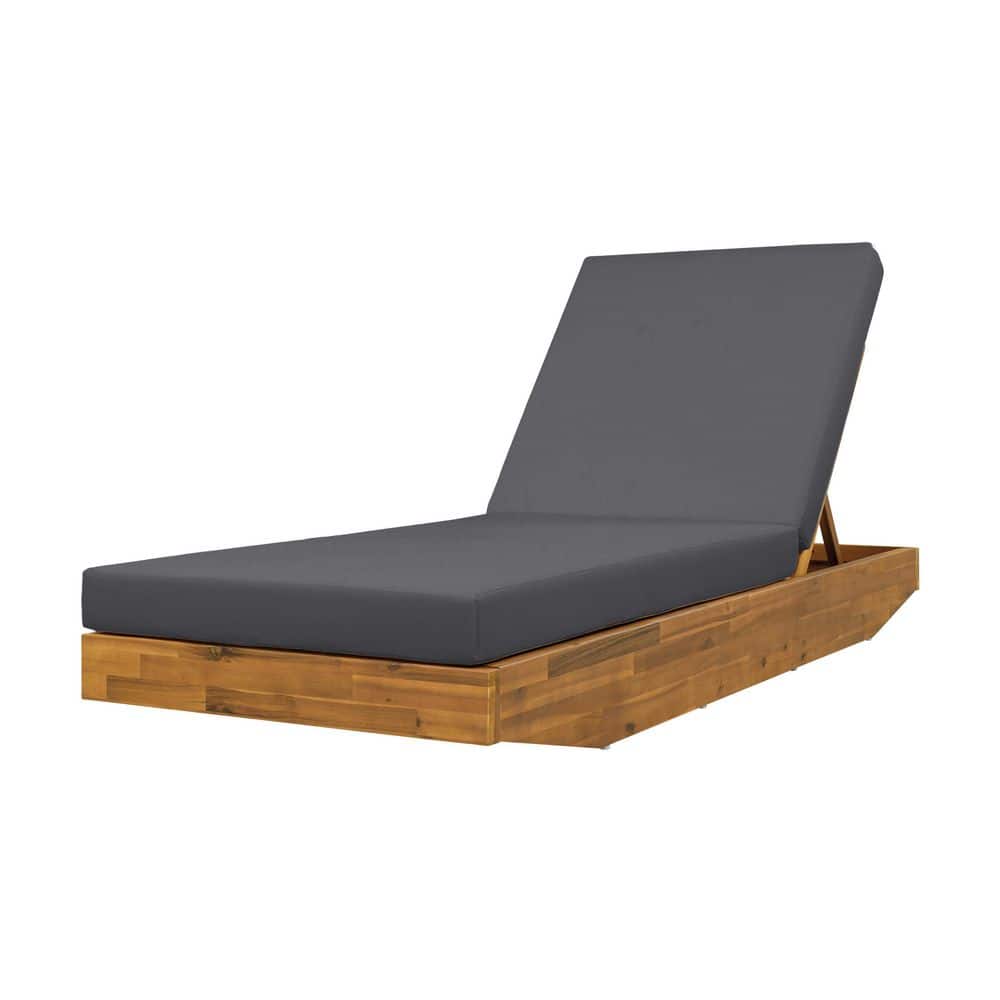 Acacia Wood Boat-Shape Adjustable Outdoor Chaise Lounge Chair with Double Fold Dark Gray Cushion