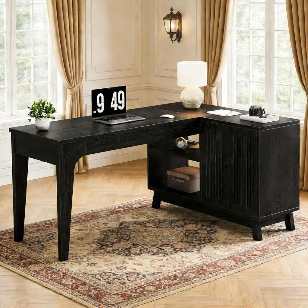 Lanita 57 in. L-Shaped Black Wood Computer Desk w/Storage Cabinet and ShelvesModern Wood Writing Desk for Study and Work
