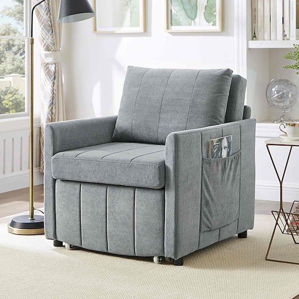 31.5 in. Rolled Arm Chenille Rectangle with Adjustable Backrest, Fold Out Bed and Storage Basket Sofa in Grey