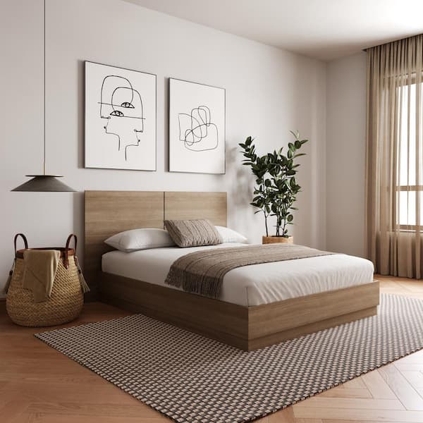 Milano Brown Oak Frame Full Size Platform Bed with Headboard