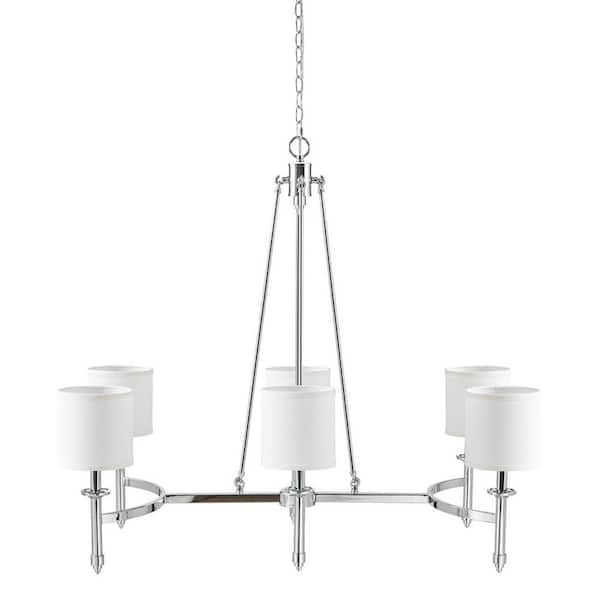 LuxeGlow Series 6-Light Chrome Chandelier with Curved Metal Frame and White Shades for Dining Room(No Bulbs)