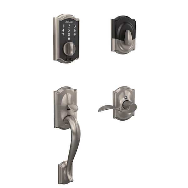 Schlage Camelot Satin Nickel Electronic Touch Keyless Deadbolt and Entry Door Handle with Accent Handle and Camelot Trim