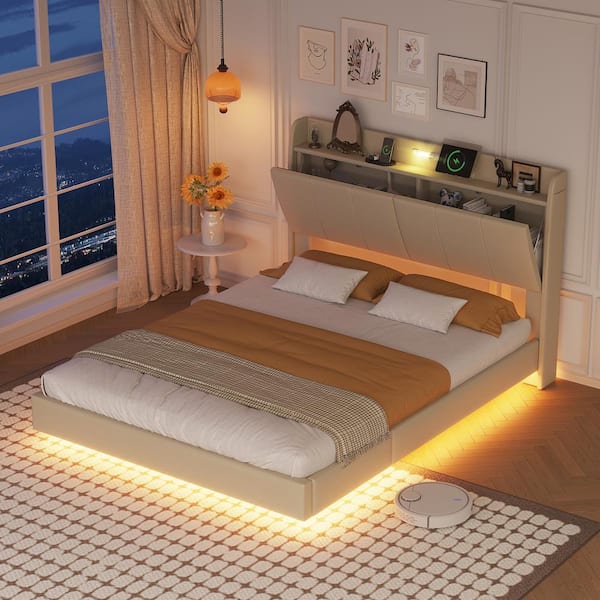 Harper & Bright Designs Beige Wood Frame Queen Size Upholstered Floating Platform Bed with Storage Headboard, Touch Sensor Light and USB Charger