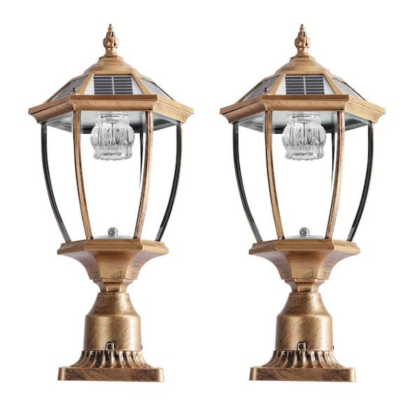 2-Light Bronze Aluminum Outdoor Weather Resistant Solar Post Light Set with LED Light