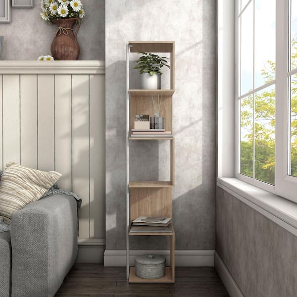 Furniture of America Yaztra 62.25 in. Tall Natural Composite 5-Shelf Corner Bookcase With Cylinder Metal Leg Post