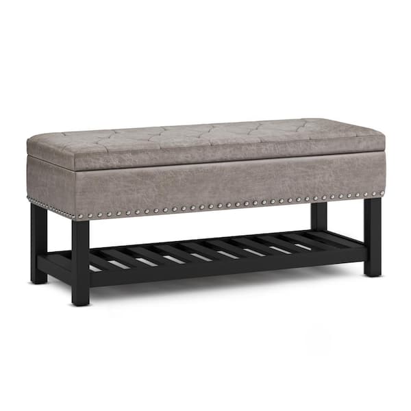 Simpli Home Lomond 44 in. Wide Traditional Rectangle Storage Ottoman Bench in Distressed Grey Taupe Vegan Faux Leather