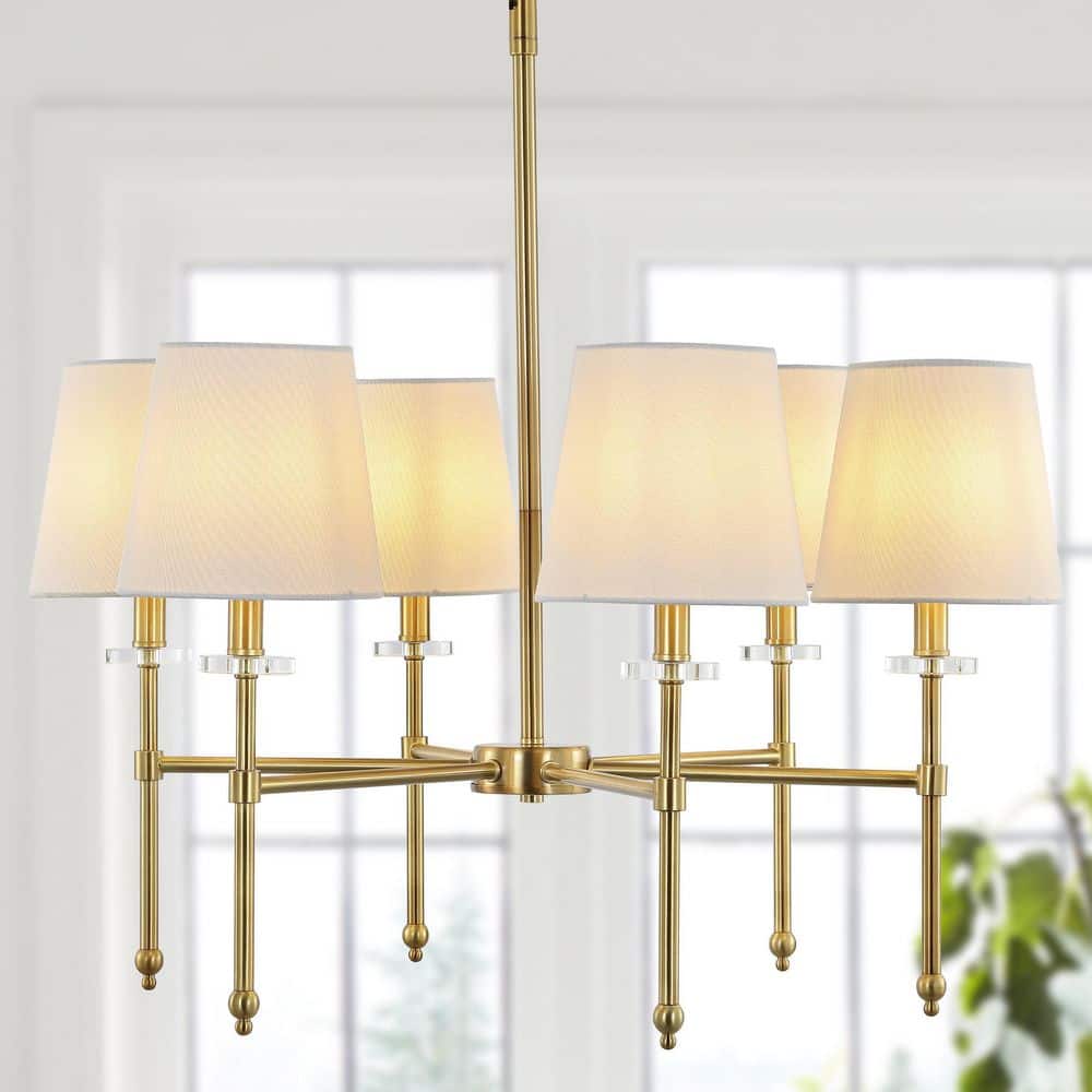 Cillian 27" Satin Gold Brass 6-Light LED Chandelier with White Fabric Shades