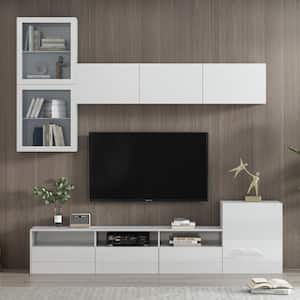 High Gloss White TV Stand Fits TVs up to 75 in., Versatile Entertainment Center with Wall Mounted Floating Cabinets