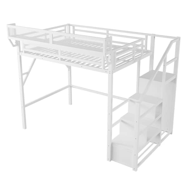 UOI White Full Metal Loft Bed with Stairs, Storage Shelves and Wardrobe ...
