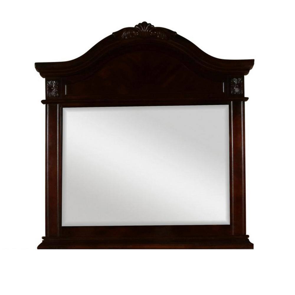 Arched Dark Brown Maple Wood Dresser Mirror with Hand Carved Frame