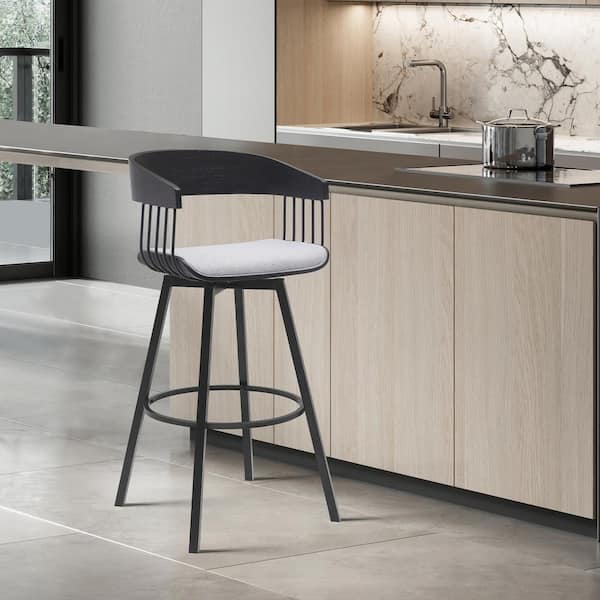 Armen Living Athena Swivel 27 in. Light Grey/Black Metal/Wood Counter Stool with Light Grey Fabric Seat