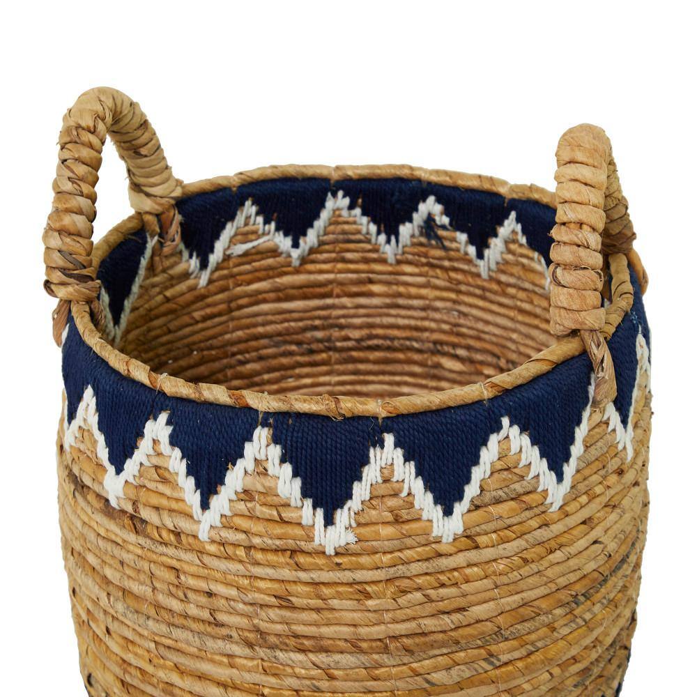 Natural Brown and Blue Wicker Round Storage Baskets with Handles