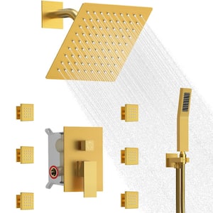 3-Spray Wall Mount Dual Shower Head and Handheld Shower 2.5 GPM with 6-Jets in Brushed Gold (Valve Included)