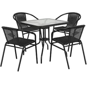 Black 5-Piece Metal Frame with Square Glass table Top Outdoor Bistro Set