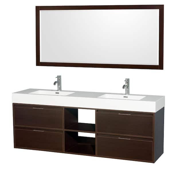 Wyndham Collection Daniella 72 in. W x 18 in. D Vanity in Espresso with Acrylic Vanity Top in White with White Basins and 70 in. Mirror