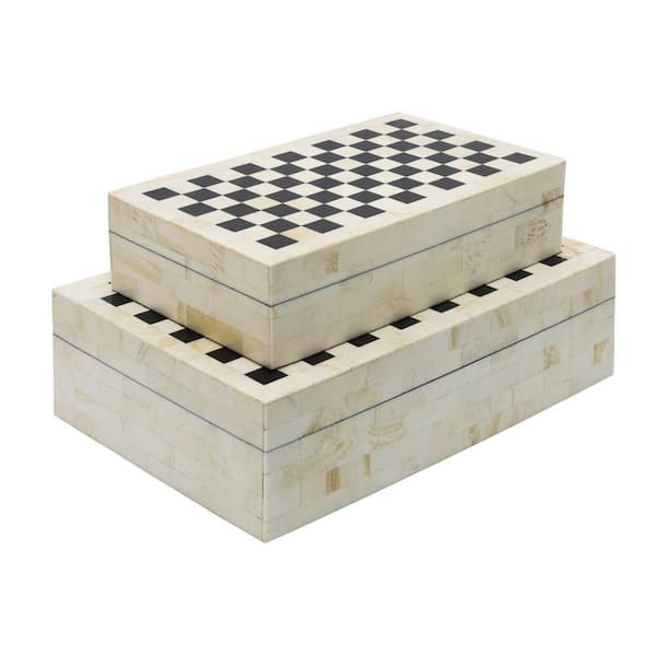 Liv & Skye Black/White 12 in. x 4 in. Resin Checkered Design Decorative Box (Set of 2)