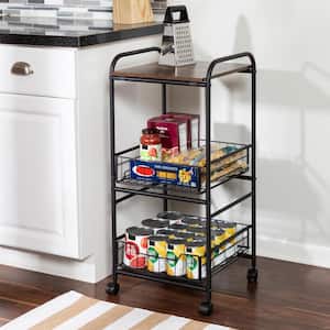 Black 3-Tier Slim Kitchen Cart with Top Shelf and 2-Metal Basket Drawers