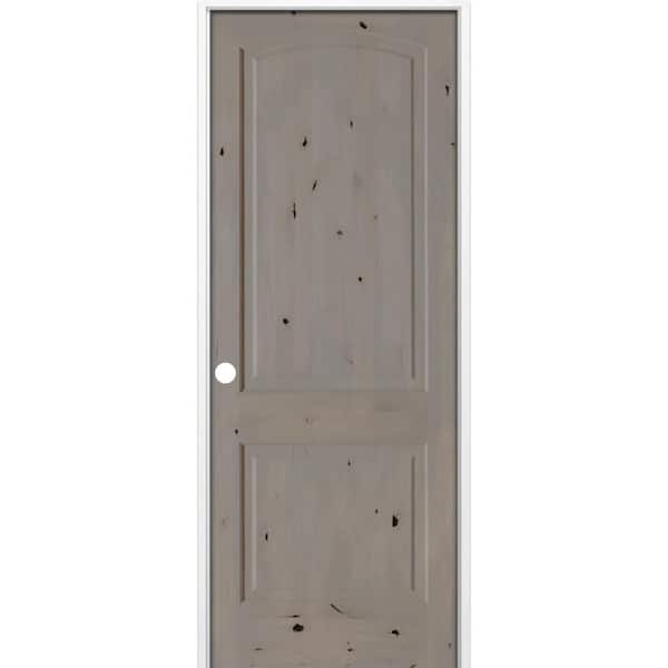 36 in. x 96 in. Rustic 2-Panel Arch Top Right-Hand Weathered Gray Stain Knotty Alder Wood Single Prehung Interior Door