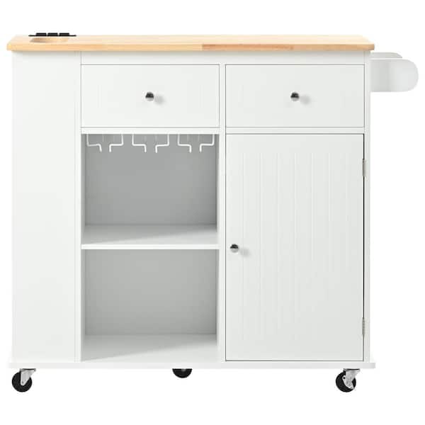 Oasis White Wood 40 in. Kitchen Island with Drop Leaf and Rubber Wood, Open Storage and Wine Rack, 5 Wheels