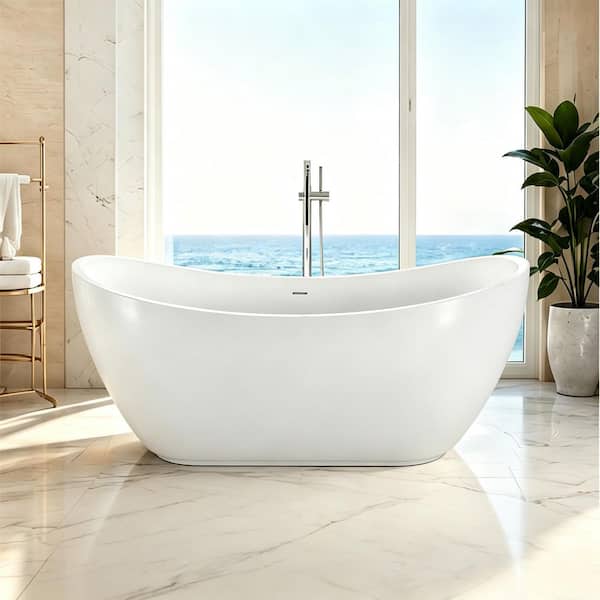67 in. Double Slipper Acrylic Freestanding Flatbottom Bathtub with Polished Chrome Drain Soaking Tub in White