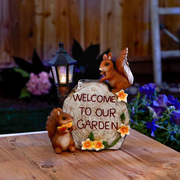 Solar Garden Statue Outdoor Decor, Squirrel store Siting on Turtle Statue