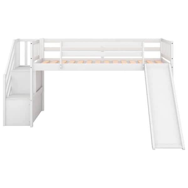 Utopia 4niture Rosie White Twin Size Low Loft Bed with Adjustable Slide and Staircase