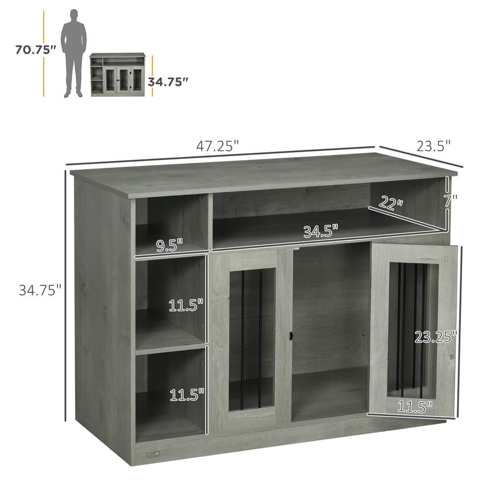 Gray Medium Wooden Dog Crate with Storage Shelves