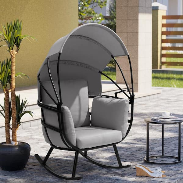 Pellebant Patio Metal Egg Shaped Indoor Outdoor Rocking Chair with Gray Cushion and Retractable Sun Shade Canopy