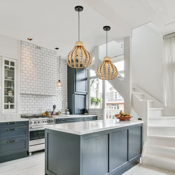 Everett 13 in. 1-Light Black Pendant with Natural Rattan Metal Shade