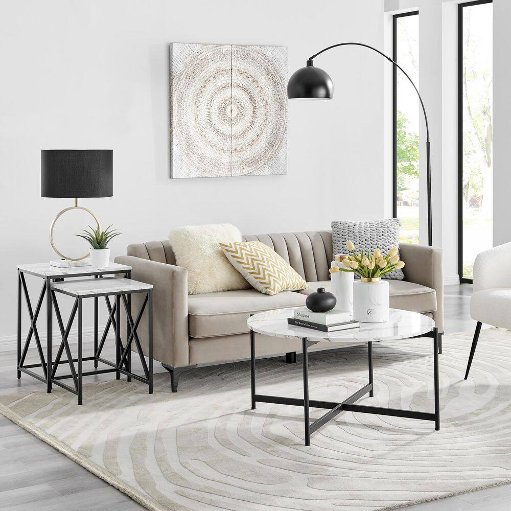 35" Round White Marble Finish Coffee Table with Black Metal Frame