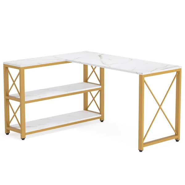 Tribesigns Lantz 52.75 in. L-Shaped White and Gold Wood and Metal ...