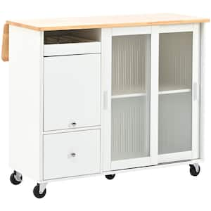 White Wood 44 in. Kitchen Island with 2 Fluted Glass Doors and 1 Flip Cabinet Door, LED Lights, 5 Wheels, 2-Drawers