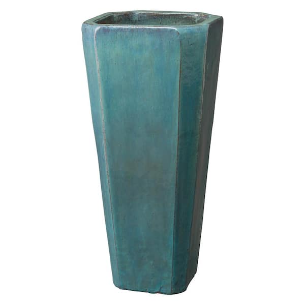 Tall 15.5 in. L x 35 in. H Teal Ceramic Square Planter with Drainage Hole